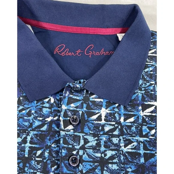 ROBERT GRAHAM Geometric Men's Sz Large Abstract Camouflage Print Blue Polo Shirt